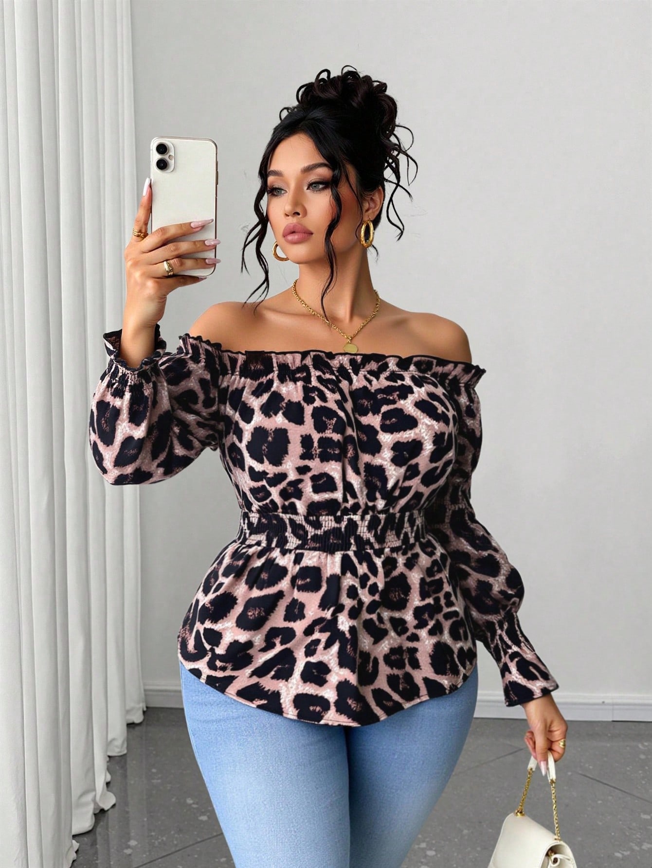 Blouse Off Shoulder - Plus Size Women Leopard Print Ruffled