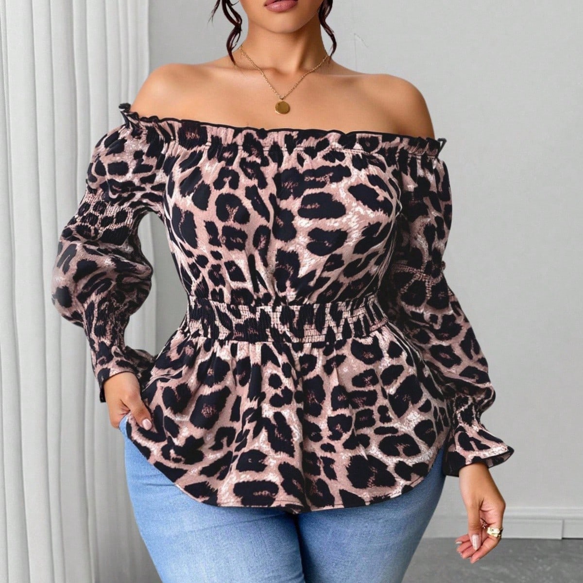 Plus Size Women Leopard Print  - огляд і ціна Blouse Off Shoulder