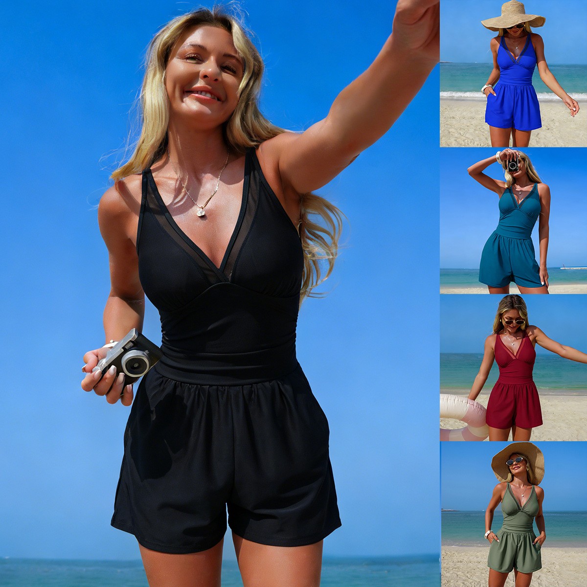 Black Solid Color Sleeveless V - огляд і ціна Swimsuit Bikini Ruched